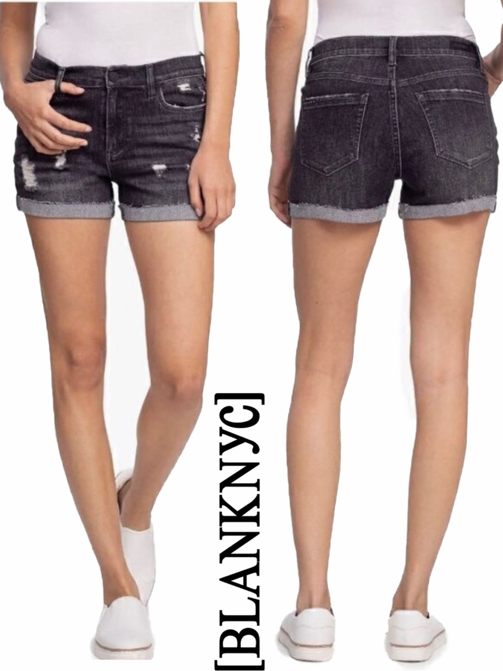 NWT - BLANK NYC Fulton black distressed shorts Size 28